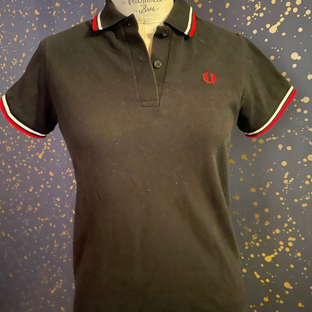 Fred Perry, black collared, half button up, medium